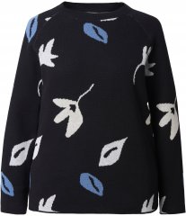 Ulla Popken Eco Cotton Leaf Pattern Long Sleeve Sweater Black