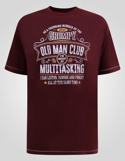 D555 Baldwin Grumpy Old Man Club Print Crew Neck T-shirt Burgundy/ Black Twist - Tričká - Nadrozmerné tričká - 2XL-14XL