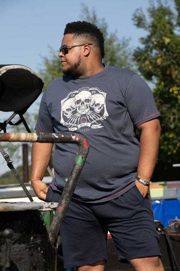 D555 COOK Trio Of Skulls Printed Crew Neck T-Shirt Slate Blue - Tričká - Nadrozmerné tričká - 2XL-14XL