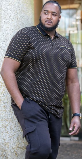 D555 RAUL AOP Jersey Polo With Jacquard Collar, Ribs And Chest Pocket Black - Polokošele - Polokošele 2XL-8XL