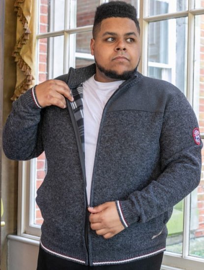 D555 ABERDARE Knitted Zip Through Sweater With Bonded Check Lining Charcoal Marl - Mikiny & mikiny bez kapucne - Mikiny & Mikiny s Kapucňou 2XL-12XL