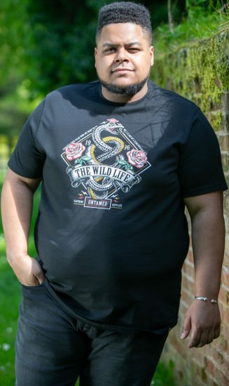 D555 MALCOM Snake And Roses Printed Crew Neck T-Shirt Black - Tričká - Nadrozmerné tričká - 2XL-14XL
