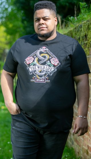 D555 MALCOM Snake And Roses Printed Crew Neck T-Shirt Black - Tričká - Nadrozmerné tričká - 2XL-14XL