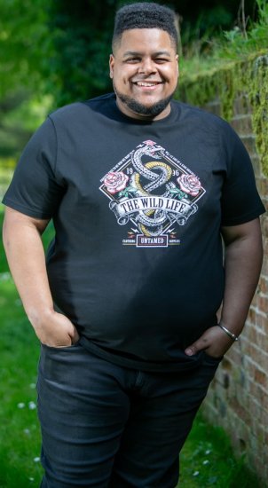D555 MALCOM Snake And Roses Printed Crew Neck T-Shirt Black - Tričká - Nadrozmerné tričká - 2XL-14XL