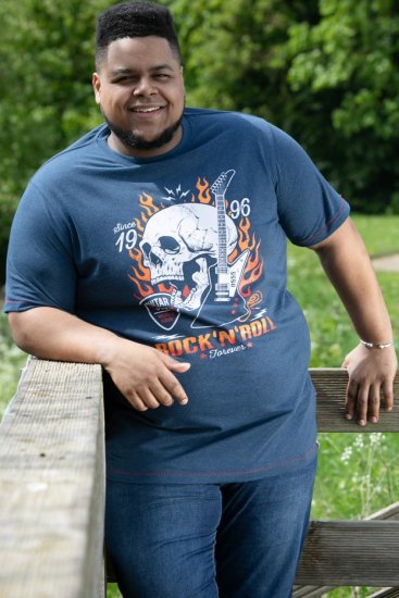 D555 NEAL Skull With Flames Printed Crew Neck T-Shirt Navy/Blue Twist - Tričká - Nadrozmerné tričká - 2XL-14XL