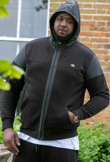 D555 DEAN Couture Zip Through Hoody With Woven Contrast Fabric Trim Black - Mikiny & mikiny bez kapucne - Mikiny & Mikiny s Kapucňou 2XL-12XL