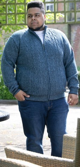 D555 ECCLES Cable Knitted Zip Through Sweater With Bonded Check Lining Denim Marl - Mikiny & mikiny bez kapucne - Mikiny & Mikiny s Kapucňou 2XL-12XL