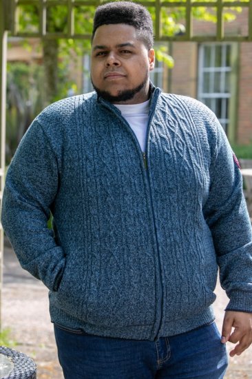 D555 ECCLES Cable Knitted Zip Through Sweater With Bonded Check Lining Denim Marl - Mikiny & mikiny bez kapucne - Mikiny & Mikiny s Kapucňou 2XL-12XL