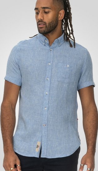 D555 Falmouth 1 Linen Mix Short Sleeve Shirt With Button Down Blue - Košele - Košele 2XL-10XL