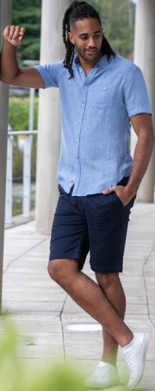 D555 Falmouth 1 Linen Mix Short Sleeve Shirt With Button Down Blue - Košele - Košele 2XL-10XL