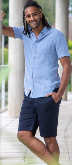 D555 Falmouth 1 Linen Mix Short Sleeve Shirt With Button Down Blue - Košele - Košele 2XL-10XL