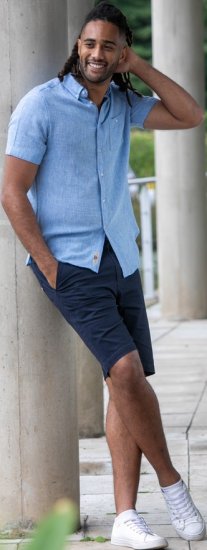 D555 Falmouth 1 Linen Mix Short Sleeve Shirt With Button Down Blue - Košele - Košele 2XL-10XL