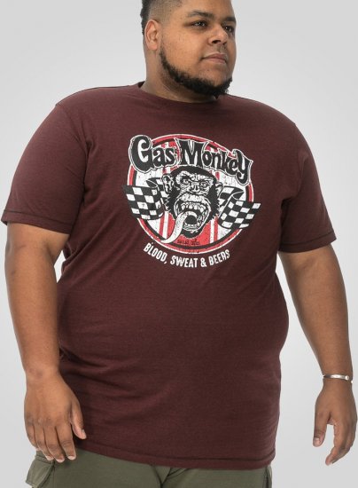 D555 Loughborough Official Gas Monkey Crew Neck T-Shirt Burgundy Black Twist - Tričká - Nadrozmerné tričká - 2XL-14XL
