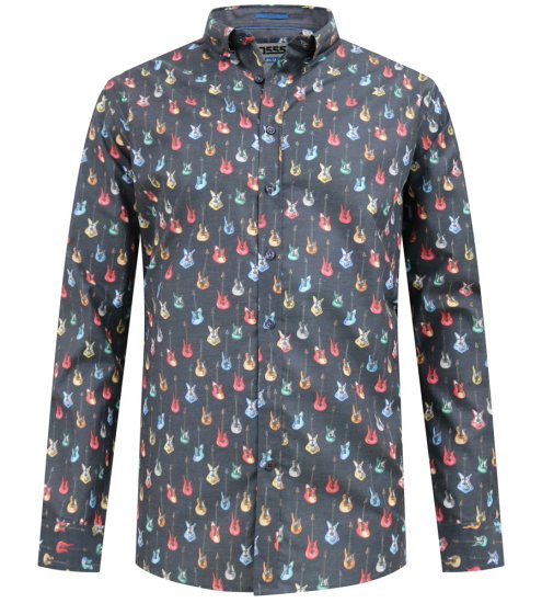 D555 Wakefield Long Sleeve AOP Guitar Printed Shirt Grey - Košele - Košele 2XL-10XL
