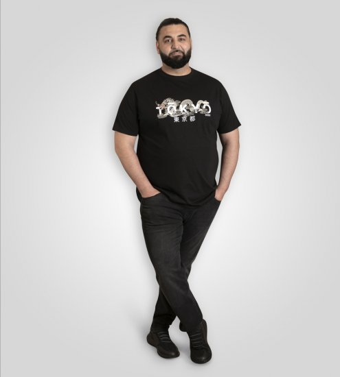 D555 Ginza Tokyo with Dragon Crew Neck T-shirt Black - Tričká - Nadrozmerné tričká - 2XL-14XL
