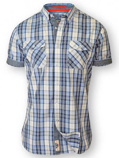 D555 FIDEL Twin Pocket Short Sleeve Blue & Ecru Check Shirt - Košele - Košele 2XL-10XL