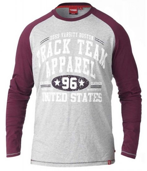 D555 KELTON Long Sleeve Raglan T-Shirt Grey/Burgundy - Tričká - Nadrozmerné tričká - 2XL-14XL