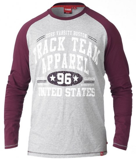 D555 KELTON Long Sleeve Raglan T-Shirt Grey/Burgundy - Tričká - Nadrozmerné tričká - 2XL-14XL