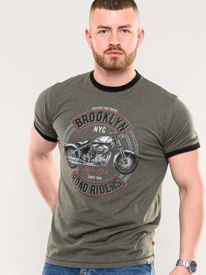 D555 Hereford Brooklyn Motorbike Printed Ringer T-Shirt Khaki - Tričká - Nadrozmerné tričká - 2XL-14XL