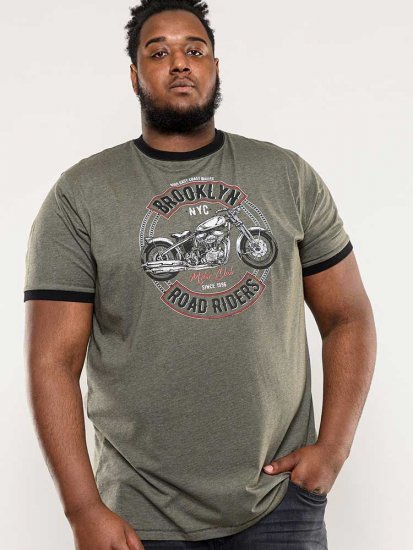 D555 Hereford Brooklyn Motorbike Printed Ringer T-Shirt Khaki - Tričká - Nadrozmerné tričká - 2XL-14XL
