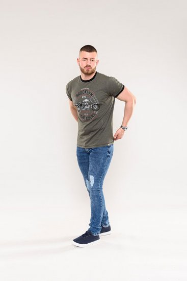 D555 Hereford Brooklyn Motorbike Printed Ringer T-Shirt Khaki - Tričká - Nadrozmerné tričká - 2XL-14XL