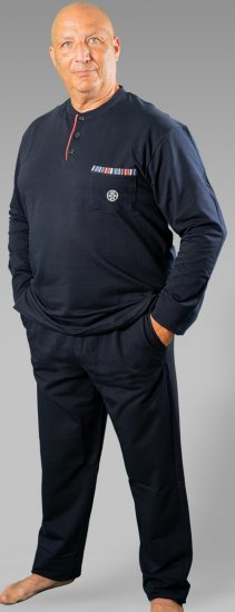 20 Nodi Long Pajamas in Stretch Fleece Cotton with Serafino Collar and Jacket with Pocket and Side Slits Navy - Pyžamá a domáce oblečenie - Pyžamá a domáce oblečenie 2XL-10XL