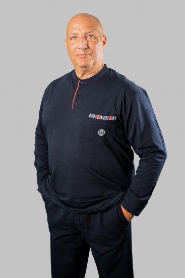 20 Nodi Long Pajamas in Stretch Fleece Cotton with Serafino Collar and Jacket with Pocket and Side Slits Navy - Pyžamá a domáce oblečenie - Pyžamá a domáce oblečenie 2XL-10XL
