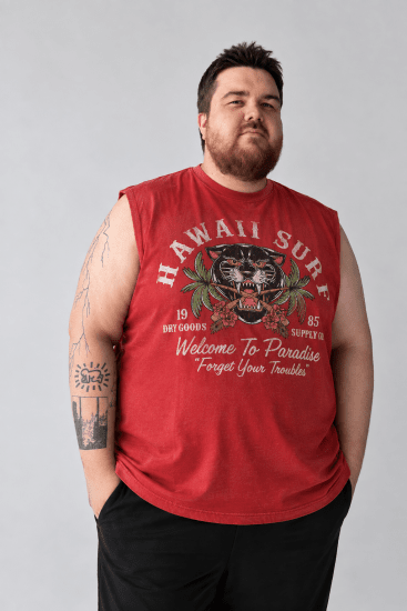 Kam Jeans 5763 Hawaii Surf Vest Sleeveless T-Shirt Washed Red - Tričká - Nadrozmerné tričká - 2XL-14XL