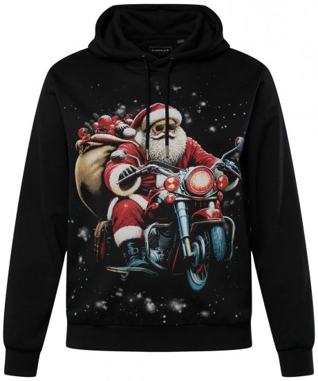 Men+ 100 Mikina s kapucňou Mikuláš na motorke Čierna - Mikiny & mikiny bez kapucne - Mikiny & Mikiny s Kapucňou 2XL-12XL