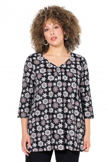 Ulla Popken Snowflake Print 3/4 Sleeve A-Line Tee Black - Potlačené tričká pre ženy - 