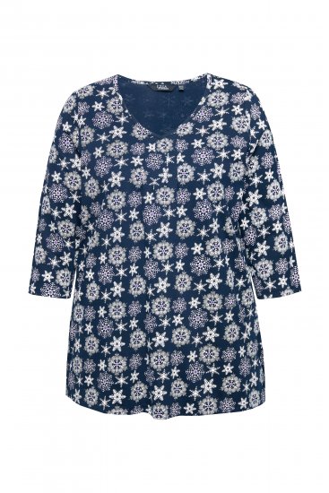 Ulla Popken Snowflake Print 3/4 Sleeve A-Line Tee Navy - Potlačené tričká pre ženy - 