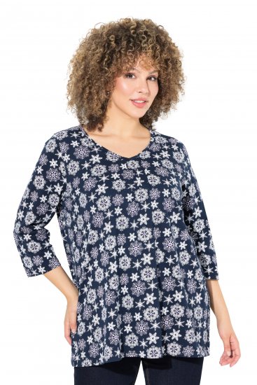 Ulla Popken Snowflake Print 3/4 Sleeve A-Line Tee Navy - Potlačené tričká pre ženy - 