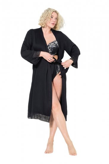 Ulla Popken 834837 Kimono župan s čipkou Čierna - Župany - 