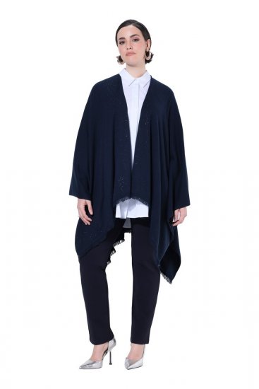 Ulla Popken 841117 Pletené oversize pončo s kamienkami Tmavomodrá - Ponča a peleríny - 