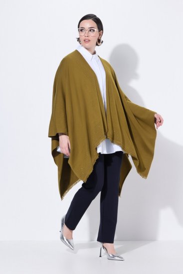 Ulla Popken 841117 Pletené oversize pončo s kamienkami Olivová - Ponča a peleríny - 