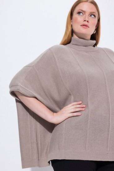 Ulla Popken 844996 Rebrované merino pončo s rolákom Svetlohnedá - Ponča a peleríny - 
