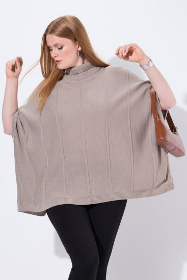 Ulla Popken 844996 Rebrované merino pončo s rolákom Svetlohnedá - Ponča a peleríny - 