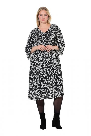 Ulla Popken 845825 Kvetované midi šaty s 3/4 rukávmi Čierna - Midi šaty - Midi šaty pre plnoštíhle ženy