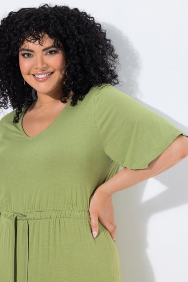 Ulla Popken 848829 Midi šaty s krátkym rukávom so sťahovacou šnúrkou Svetlozelená - Midi šaty - Midi šaty pre plnoštíhle ženy