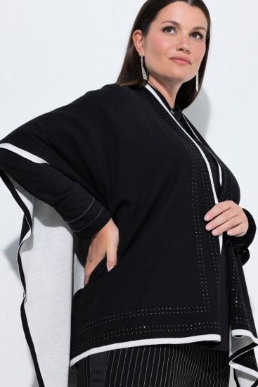 Ulla Popken 851127 Otvorené pletené pončo s lemom z kamienkov Čierna - Ponča a peleríny - 