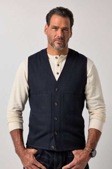 JP1880 851800 Tvídová vesta so vzorom rybej kosti Tmavomodrá - Obleky - Obleky 2XL-8XL