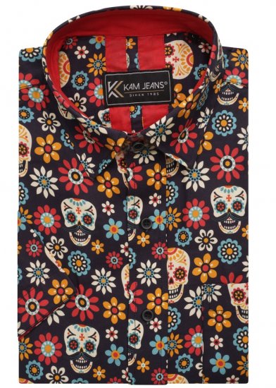 Kam Jeans 6040 Floral Skull Print Shirt Black - Košele - Košele 2XL-10XL