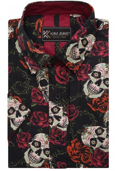 Kam Jeans 6042 Rose Skull Digital Print Shirt Black - Košele - Košele 2XL-10XL