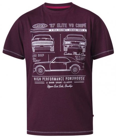 D555 Brady Classic Cars Crew Neck T-Shirt Burgundy - Tričká - Nadrozmerné tričká - 2XL-14XL