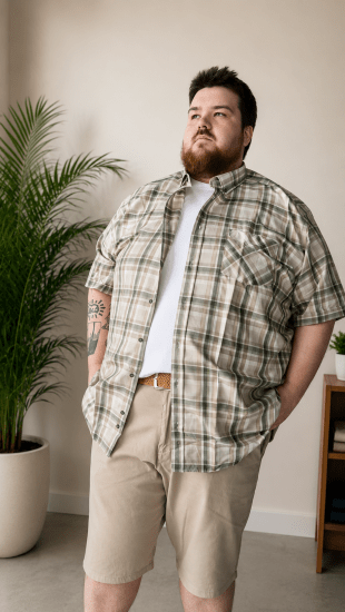 Kam Jeans 6339 Checked Short Sleeve Shirt Beige - Košele - Košele 2XL-10XL