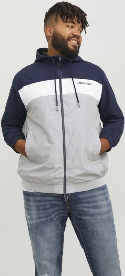 Jack & Jones RUSH White/Grey Blocking Bomber Jacket with Hood Navy Blazer - Bundy - Bundy Nadmerné Veľkosti 2XL-8XL