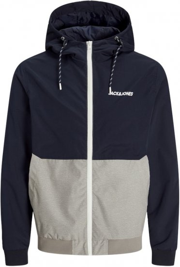 Jack & Jones RUSH White/Grey Blocking Bomber Jacket with Hood Dark Blue - Bundy - Bundy Nadmerné Veľkosti 2XL-8XL