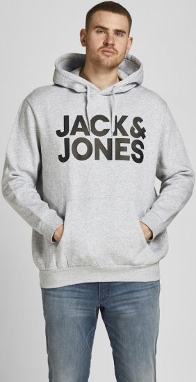 Jack & Jones CORP LOGO Large Print Hoodie Light Grey Melange - Mikiny & mikiny bez kapucne - Mikiny & Mikiny s Kapucňou 2XL-12XL