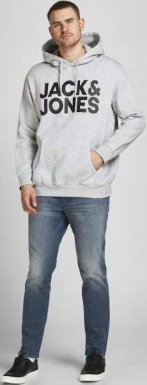 Jack & Jones CORP LOGO Large Print Hoodie Light Grey Melange - Mikiny & mikiny bez kapucne - Mikiny & Mikiny s Kapucňou 2XL-12XL