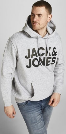 Jack & Jones CORP LOGO Large Print Hoodie Light Grey Melange - Mikiny & mikiny bez kapucne - Mikiny & Mikiny s Kapucňou 2XL-12XL
